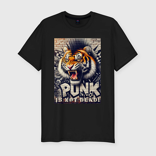 Мужская slim-футболка Cool tiger - punks not dead / Черный – фото 1