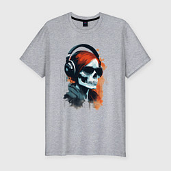 Мужская slim-футболка Grunge redhead girl skull