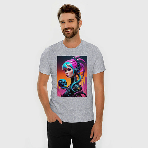 Мужская slim-футболка Девушка в стиле киберпанк с черепом - нейросеть / Меланж – фото 3