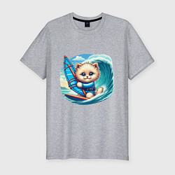 Мужская slim-футболка Котик и виндсерфинг