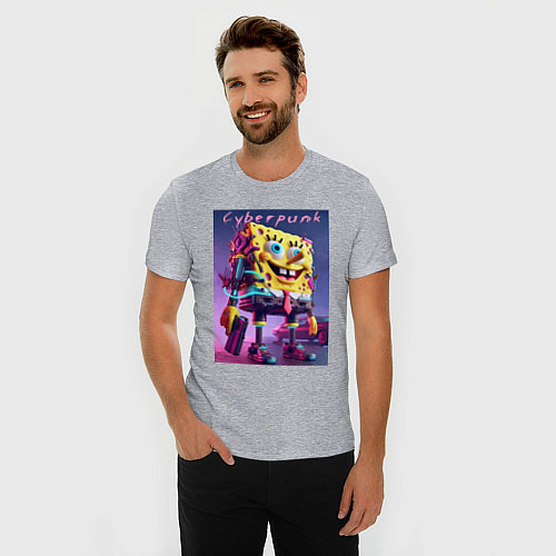 Мужская slim-футболка Sponge Bob with a pistol - cyberpunk ai art / Меланж – фото 3