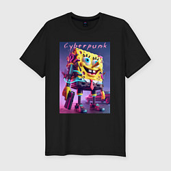 Футболка slim-fit Sponge Bob with a pistol - cyberpunk ai art, цвет: черный