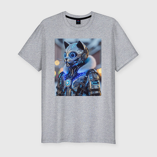 Мужская slim-футболка Cyber cat - ai art fantasy / Меланж – фото 1