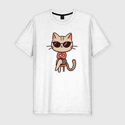 Мужская slim-футболка Деловая кошка босс в очках внимательно смотрит
