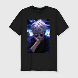 Футболка slim-fit Магическая битва Сатору Годзё в баре, цвет: черный