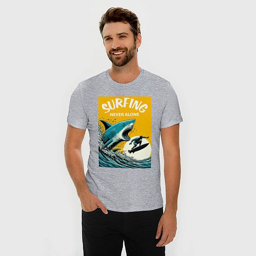 Мужская slim-футболка Акула и серфер - нейросеть / Меланж – фото 3