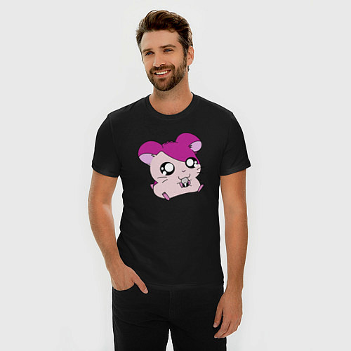 Мужская slim-футболка Хамтаро - Розовый хомячок с семечкой / Черный – фото 3
