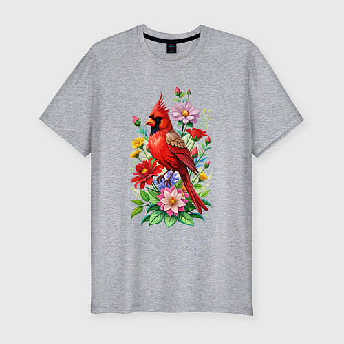 Мужская slim-футболка Птица красный кардинал среди цветов / Меланж – фото 1