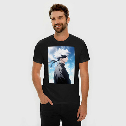 Мужская slim-футболка Магическая битва Сатору Годзё в повязке / Черный – фото 3