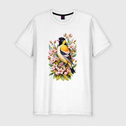 Мужская slim-футболка Черноголовый щегол среди цветов