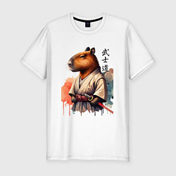 Футболка slim-fit Capybara samurai - ai art fantasy, цвет: белый