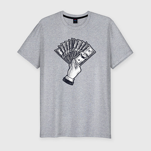 Мужская slim-футболка Доллары в руке / Меланж – фото 1