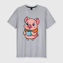 Мужская slim-футболка Поросенок пьет кофе