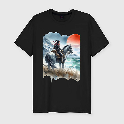 Мужская slim-футболка Японский самурай на коне - нейросеть / Черный – фото 1