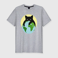 Футболка slim-fit Котик, обнимающий землю в космосе, цвет: меланж
