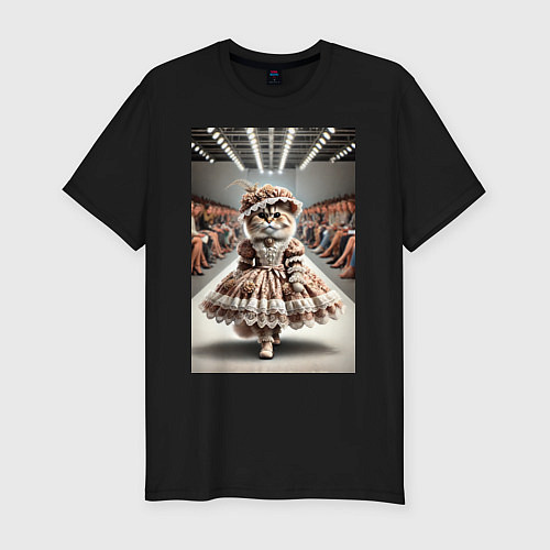 Мужская slim-футболка Милая винтажная кошка на подиуме в винтажном плать / Черный – фото 1