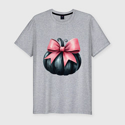 Футболка slim-fit Черная тыква с розовым бантом - Хэллоуин, цвет: меланж