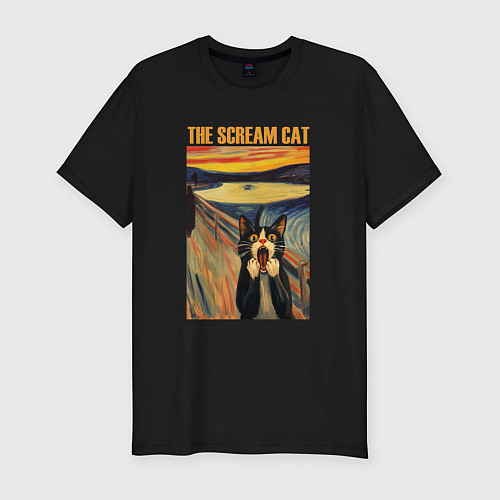 Мужская slim-футболка The scream cat art / Черный – фото 1