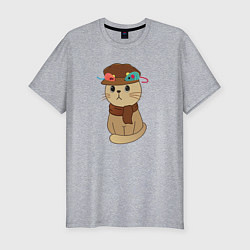 Мужская slim-футболка Милый котик в кепке и с шарфиком - художник