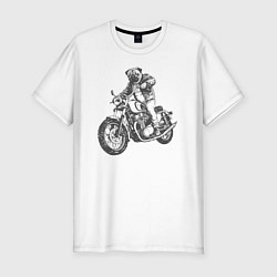 Футболка slim-fit Мопс байкер на мотоцикле чоппере, цвет: белый