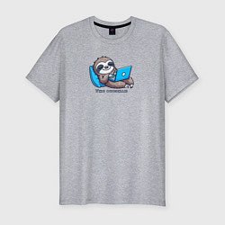 Мужская slim-футболка Ленивец спит за ноутбуком