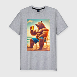 Футболка slim-fit Bear bodybuilder with a cup of beer on a beach - a, цвет: меланж