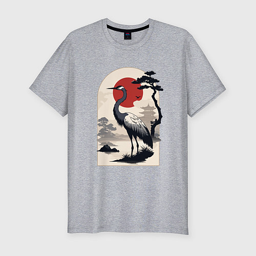 Мужская slim-футболка Журавль и солнце в японском стиле / Меланж – фото 1