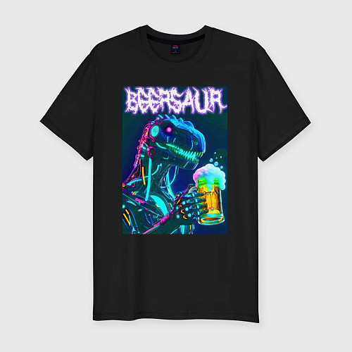 Мужская slim-футболка Neon cyber beersaur - neon glow fantasy / Черный – фото 1