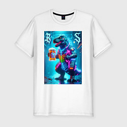 Мужская slim-футболка Неоновый кибер пивозавр - нейроарт