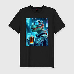 Мужская slim-футболка Крутой чувак Дино с кружкой пива - нейроарт