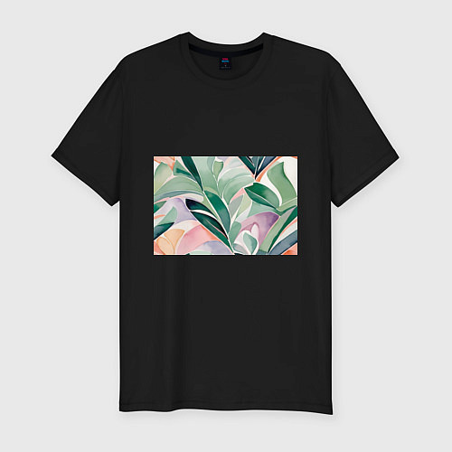 Мужская slim-футболка Листья акварель / Черный – фото 1