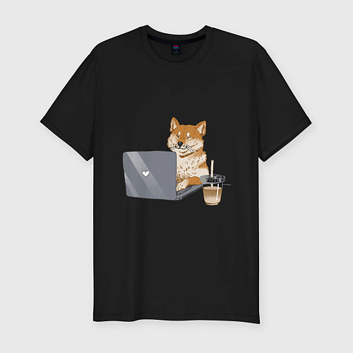 Мужская slim-футболка Собака Сиба ину печатает на ноутбуке с кофе / Черный – фото 1
