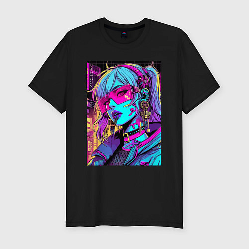 Мужская slim-футболка Кибер девчонка в розовых очках - нейроарт / Черный – фото 1