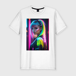 Мужская slim-футболка Киберпанк девушка с зеленым хвостом