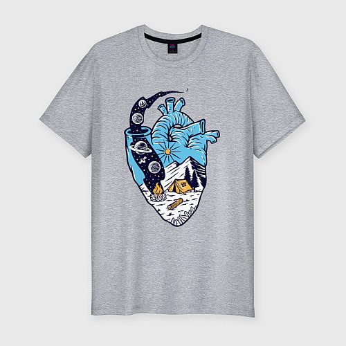 Мужская slim-футболка Космический кемпинг в сердце / Меланж – фото 1