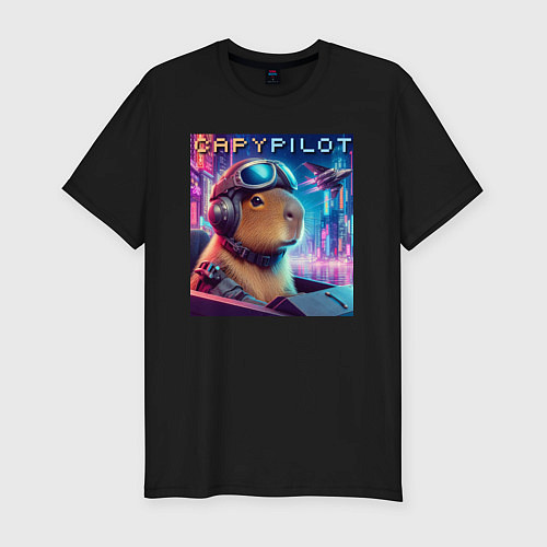 Мужская slim-футболка Capybara is a cool pilot - ai art fantasy / Черный – фото 1