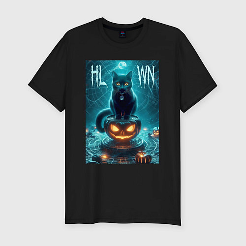 Мужская slim-футболка Чёрный кот сидит на тыкве - хэллоуин / Черный – фото 1