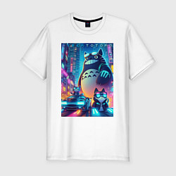 Футболка slim-fit Totoro and cats - cyberpunk, цвет: белый