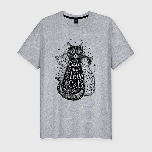 Мужская slim-футболка Keep calm and love cats / Меланж – фото 1