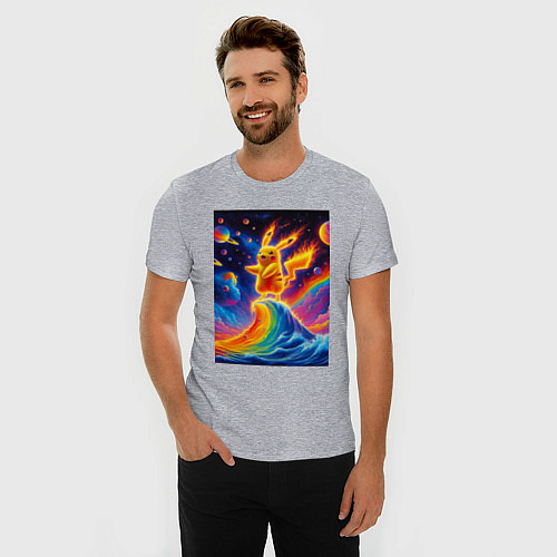 Мужская slim-футболка Огненный Пикачу на волне - нейроарт фантазия / Меланж – фото 3
