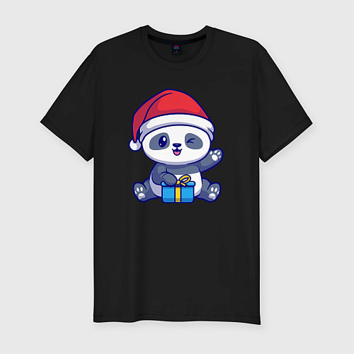 Мужская slim-футболка Новогодняя панда / Черный – фото 1