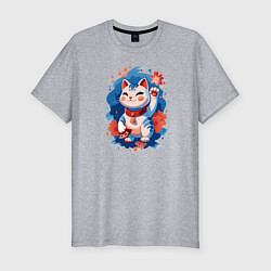 Мужская slim-футболка Манеки Неко, белая кошка удачи с цветами