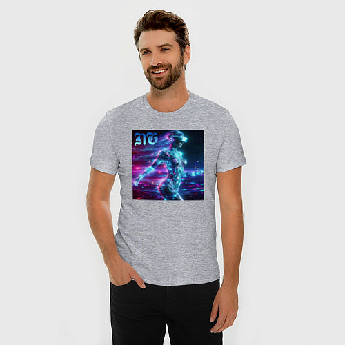 Мужская slim-футболка Neon cyber girl - ai art / Меланж – фото 3