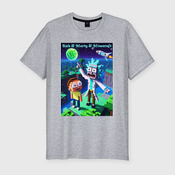 Мужская slim-футболка Рик и Морти и Майнкрафт - коллаба