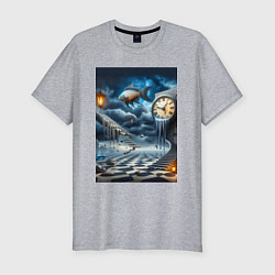 Мужская slim-футболка Психоделический пейзаж с часами и рыбой