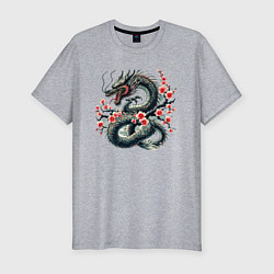 Мужская slim-футболка Japanese dragon and sakura - irezumi