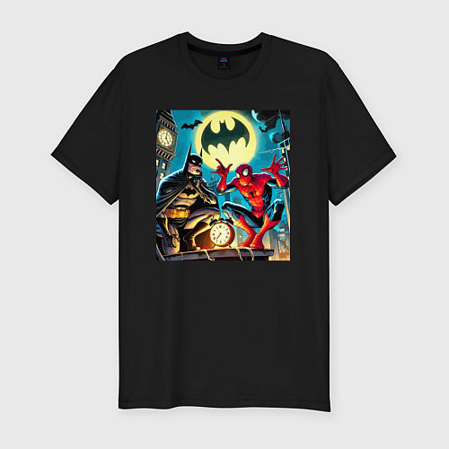 Мужская slim-футболка Batman with Spider-man - ai art fantasy / Черный – фото 1