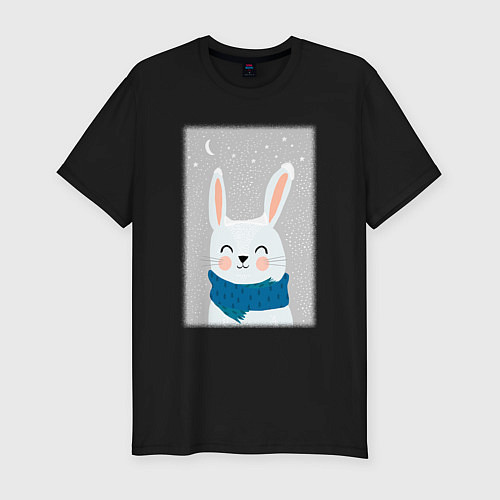 Мужская slim-футболка Снежный кролик с шарфом / Черный – фото 1