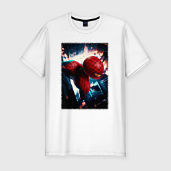 Мужская slim-футболка Человек паук над ночным городом