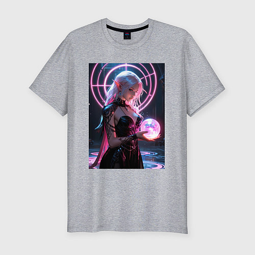 Мужская slim-футболка Эльфийка с магической сферой / Меланж – фото 1